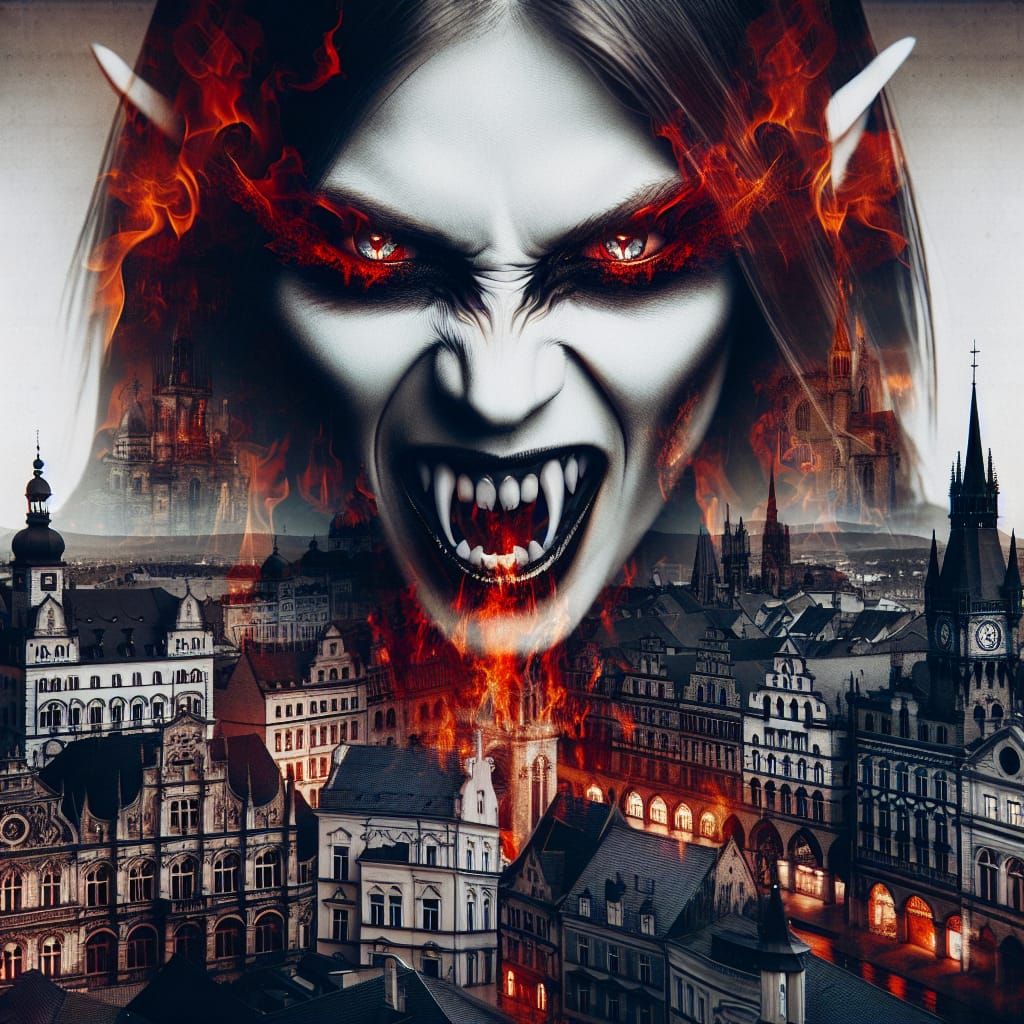 Haunting Vampire Amid Victorian Ruins in Double Exposure