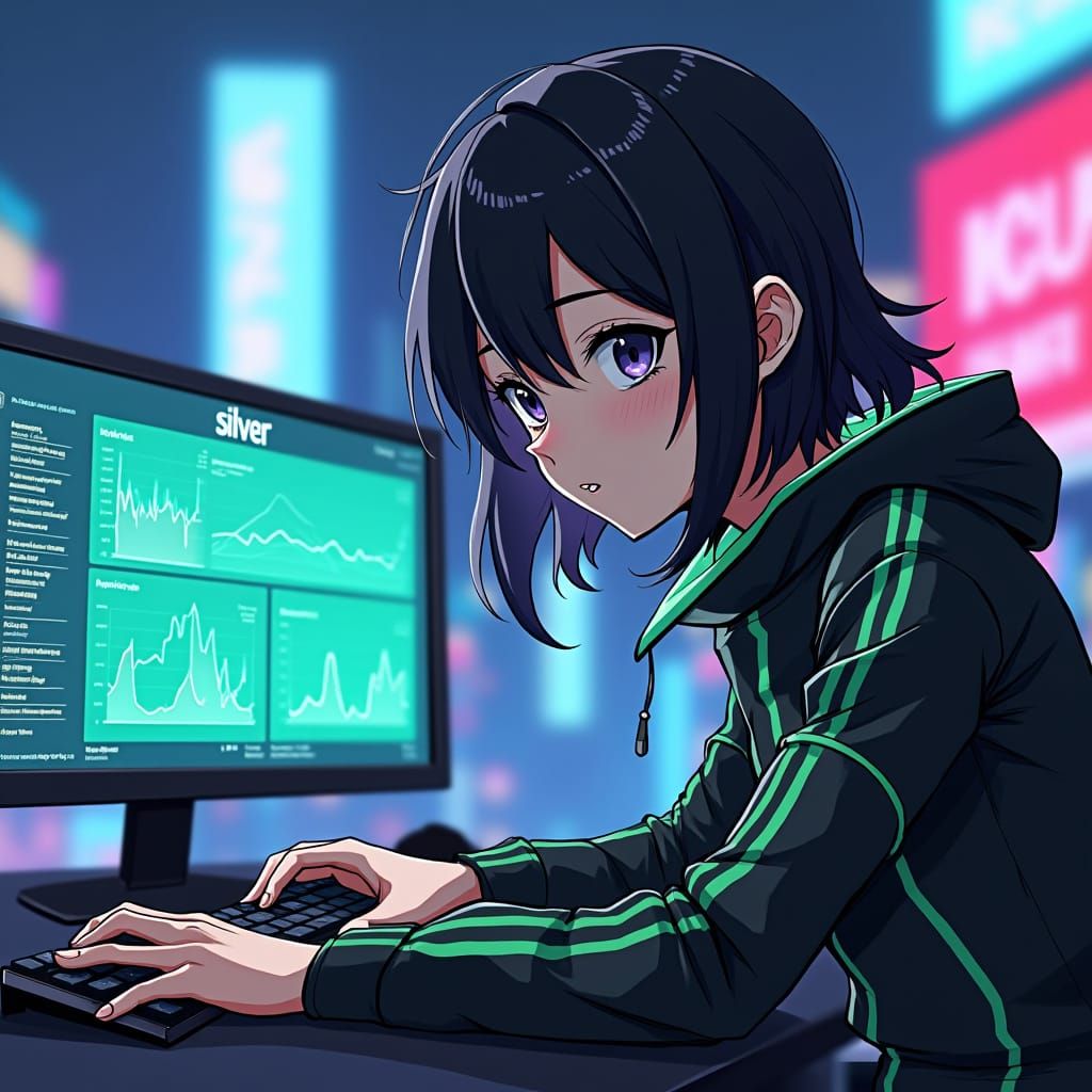 Female Gamer Monitoring Silver in Anime Key Visual Style
