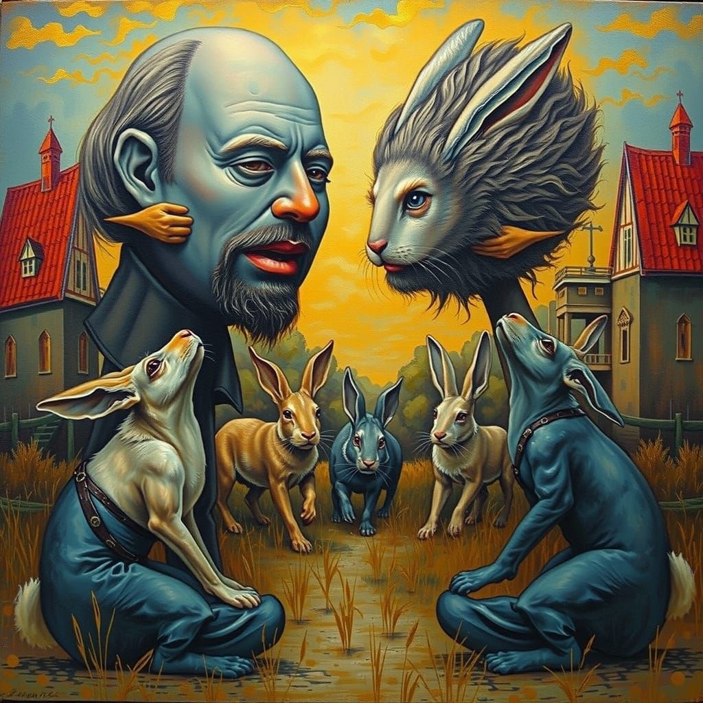 Surreal Aristocrat and Fisherman with Giant Rabbits in Dürer...