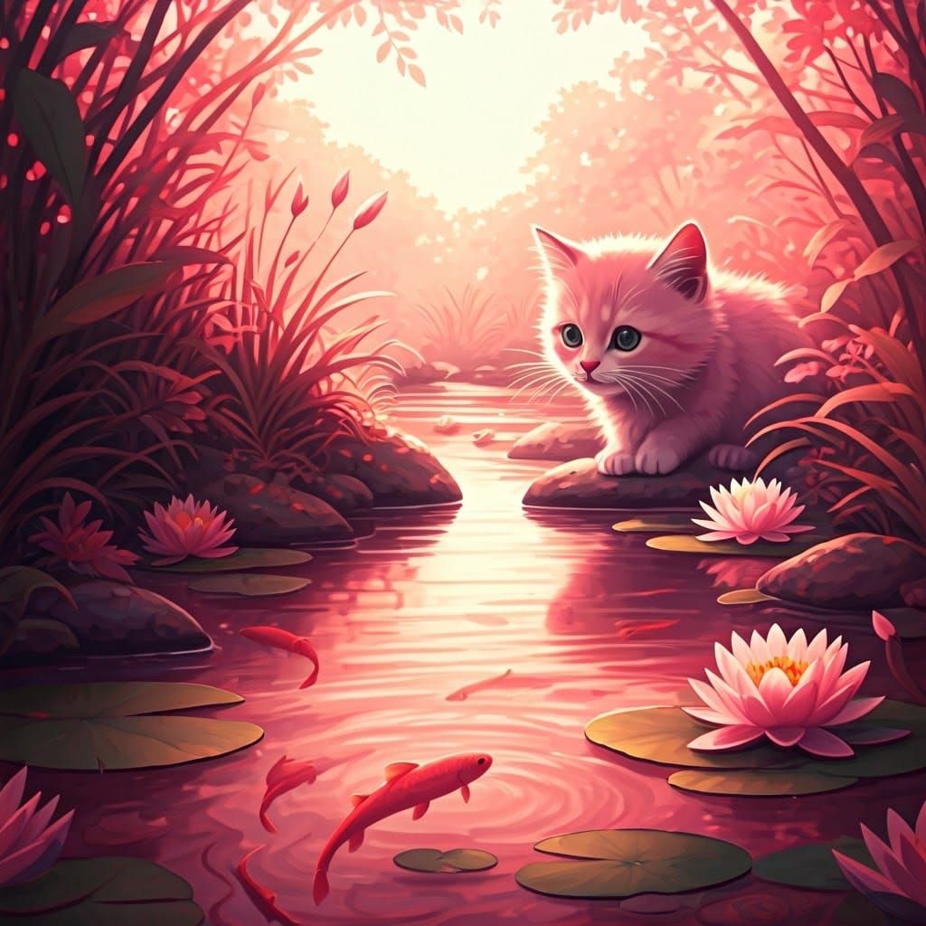 Pink Kitten in Pink Stream: Whimsical Digital Art