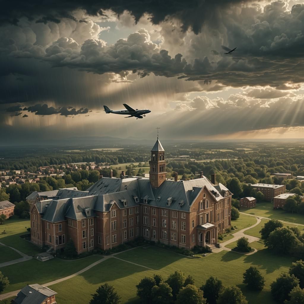 Airplane Soars Over Asylum in Cinematic Golden Hour
