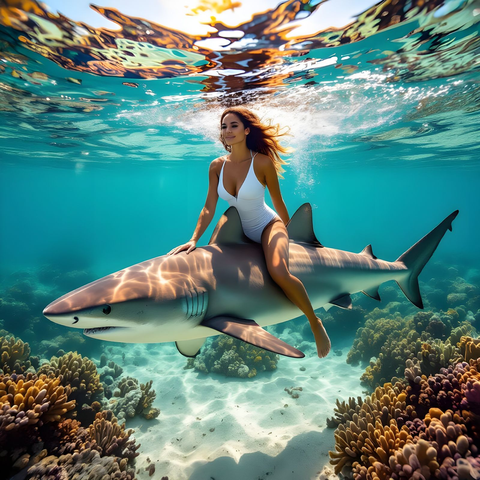 Woman Rides Shark in Red Sea: Hyperrealistic Underwater Phot...