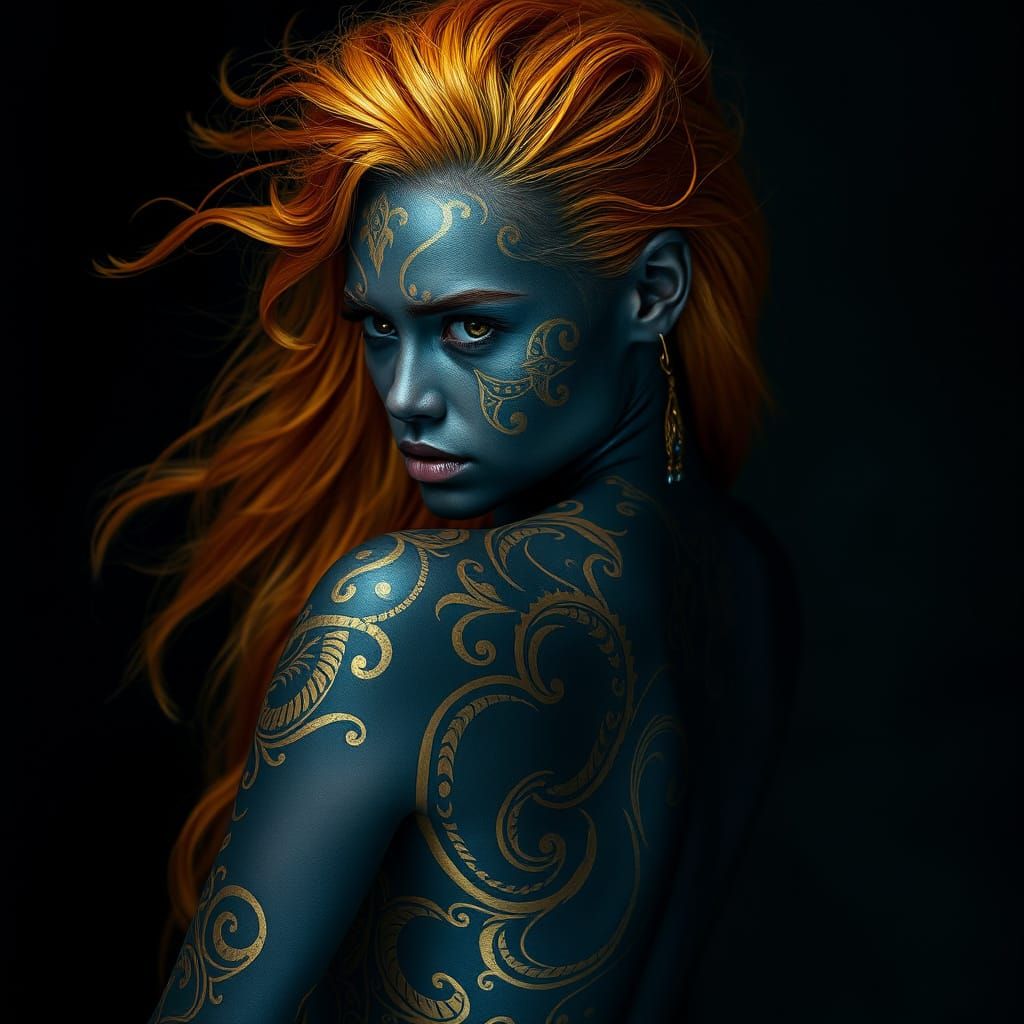 Dark Goddess with Golden Tribal Tattoos and Fiery Hair
