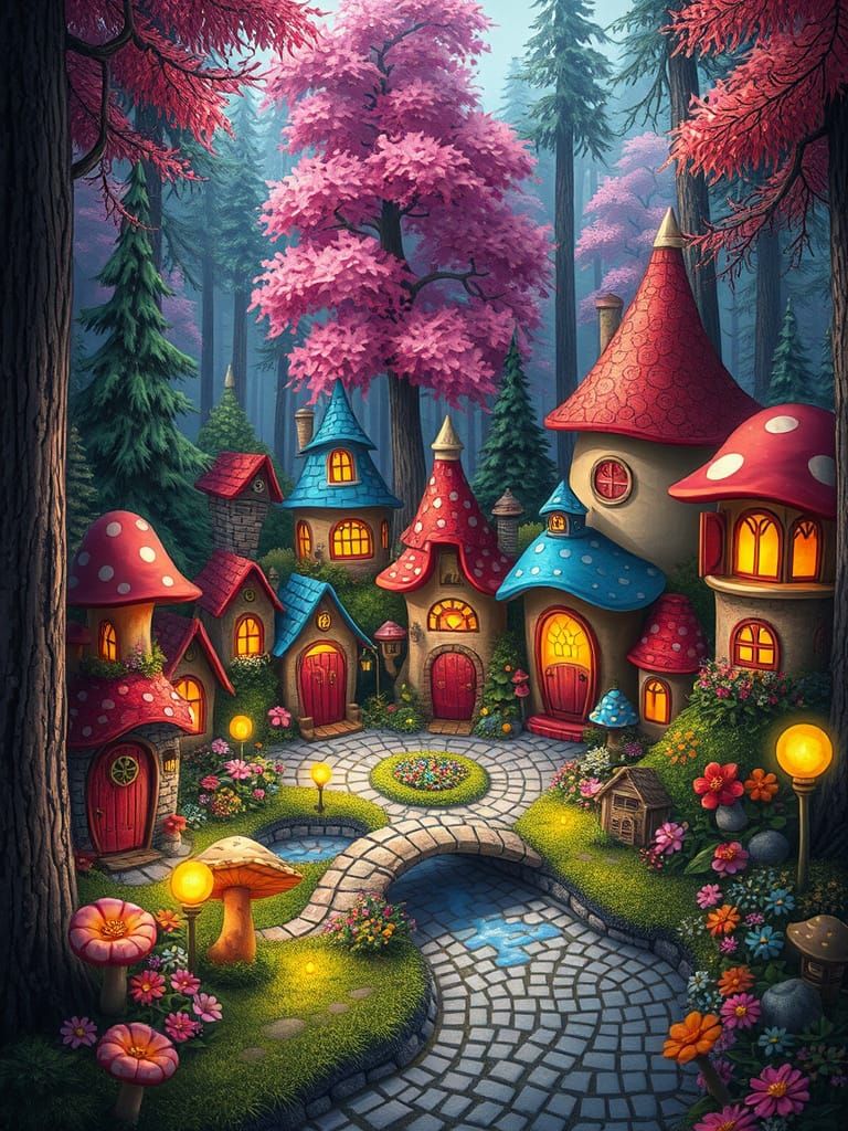 Enchanted Village in Magical Forest: Whimsical Architecture