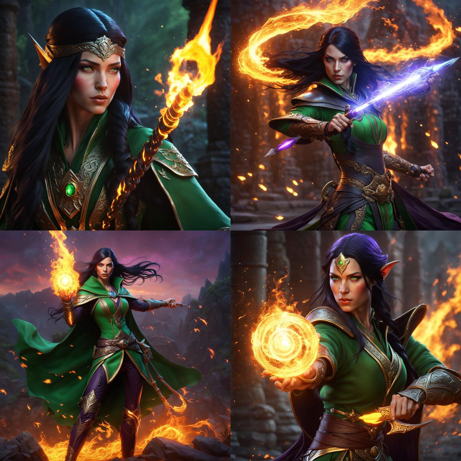 Elf Wizard Casting Fire Bolt in Dark Fantasy Style