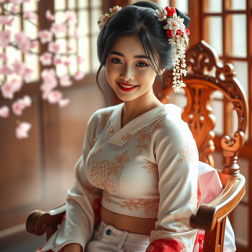 Smiling Geisha in White Outfit with Cherry Blossoms