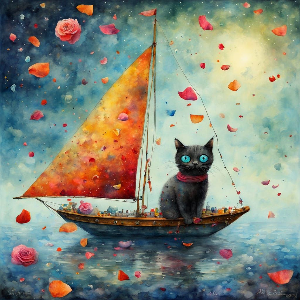 Surreal Feline Elegy in Vibrant Triadic Colors