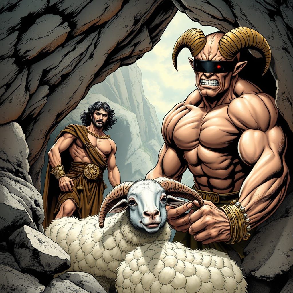 Greek Explorer and Cyclops in Comic Book Style