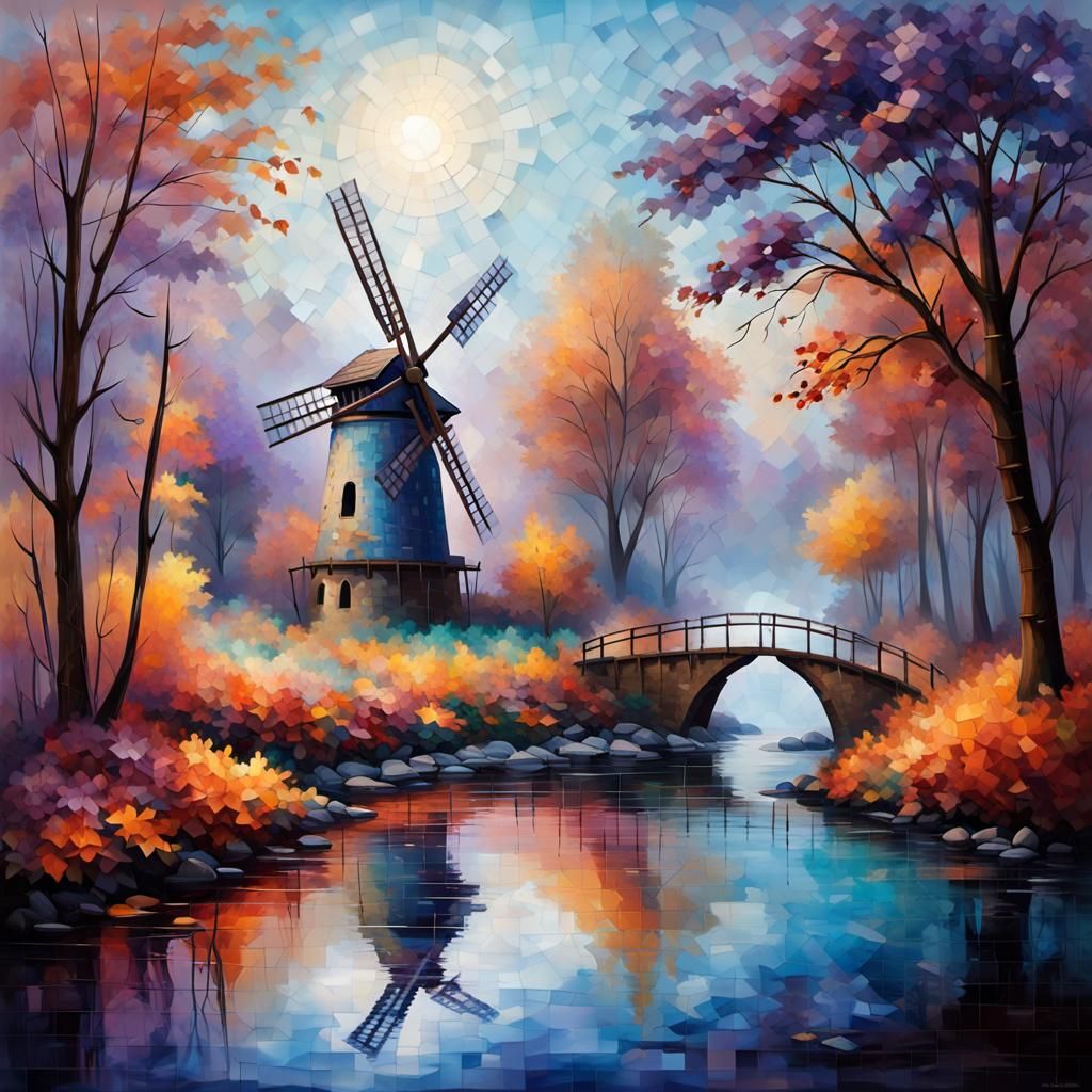 Autumn Forest Mosaic with Windmill in Impasto Style