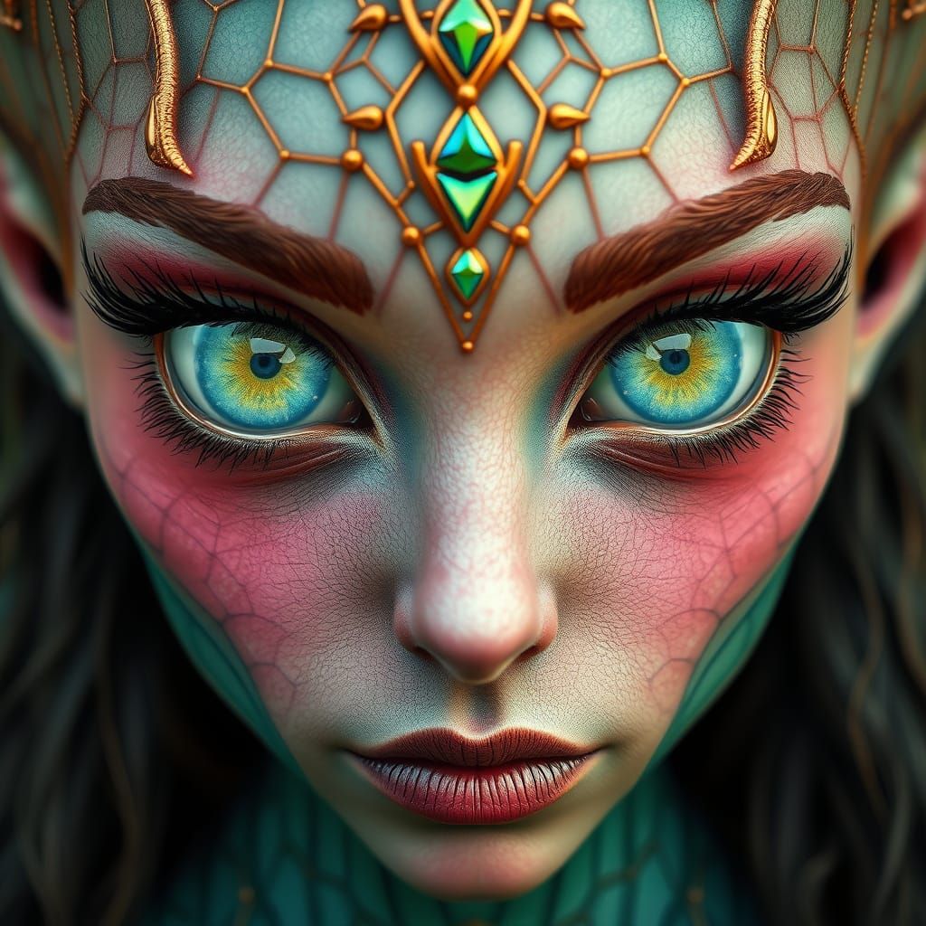 Fairy Queen Portrait with Fractal Skin and Tree Reflection