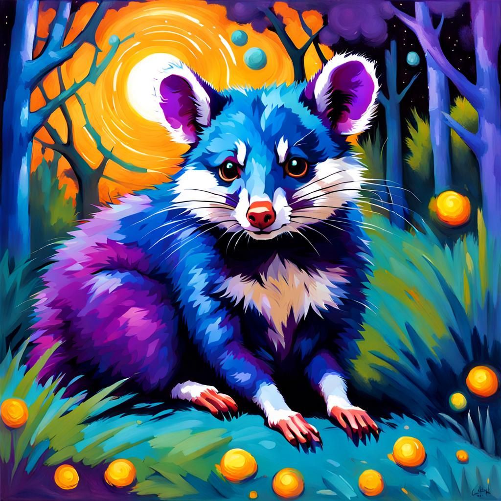 Impressionistic Cerulean Opossum in Rich Night Scene