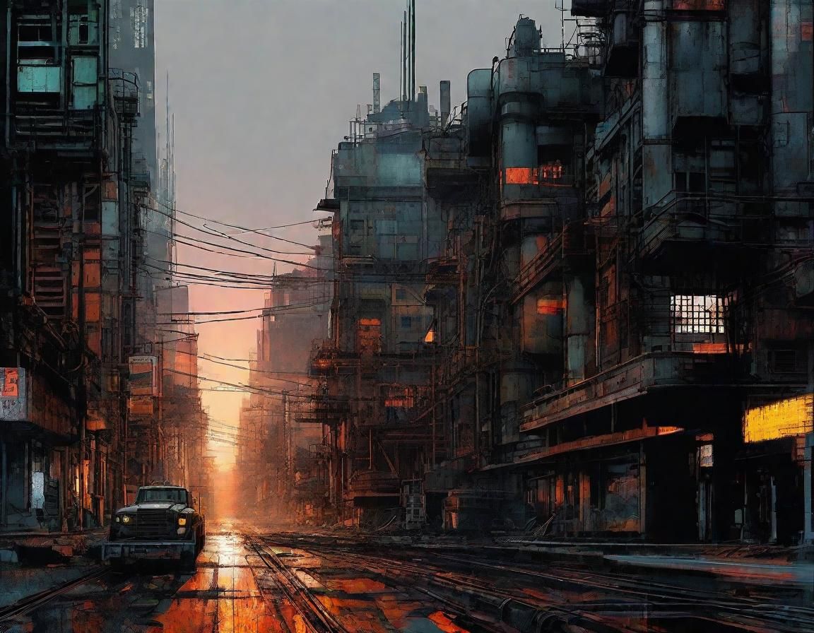 Rusty Cyberpunk Industrial Landscape in Double Exposure Styl...