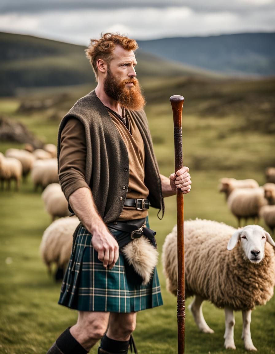 Scottish Shepherd with Sheep and Dog
