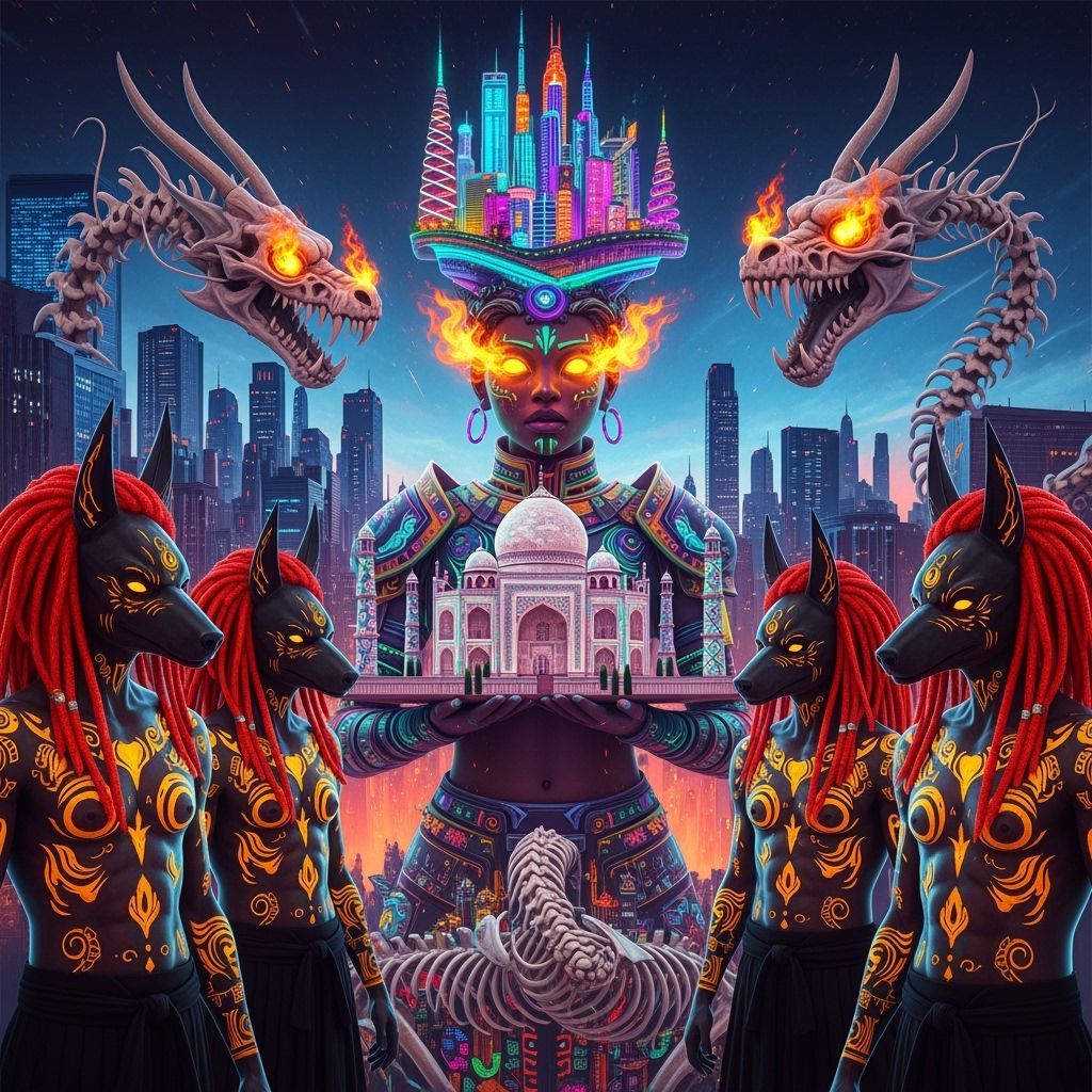 Cosmic Goddess in Futuristic Sci-Fi Metropolis