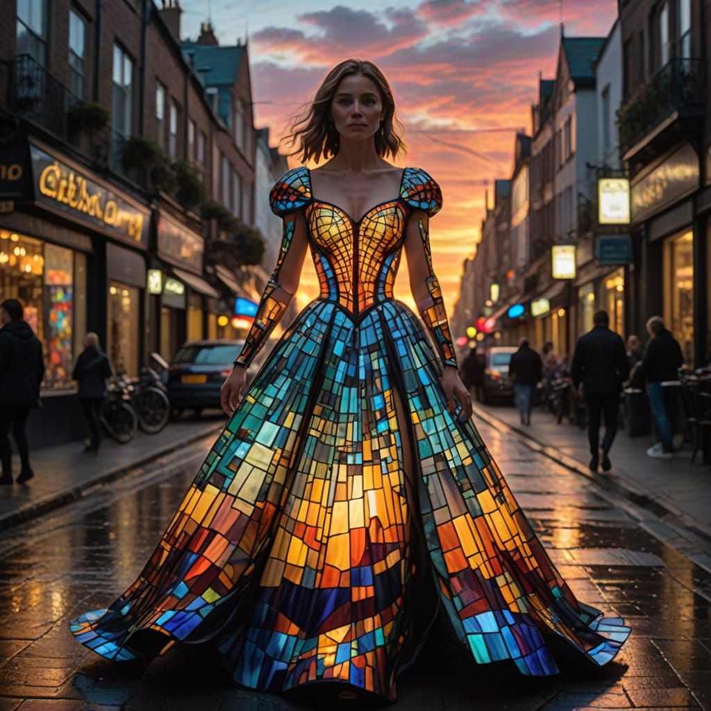 Ethereal Stained Glass Goddess Walks Amidst Vibrant Sunset