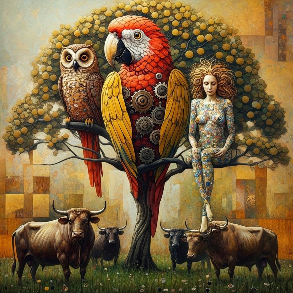 Surreal Steampunk Tree with Grazing Bulls and Avian Creature...