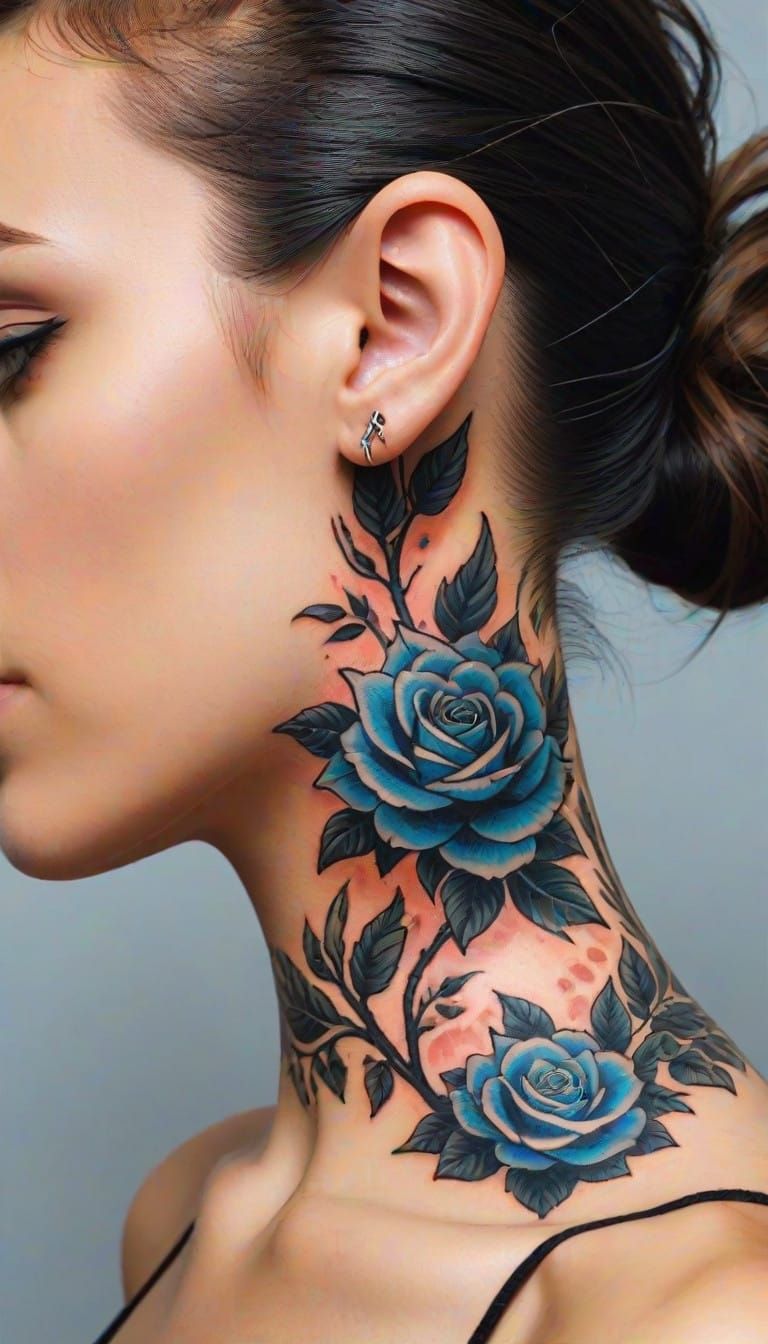 Neck tattoo, flora ,