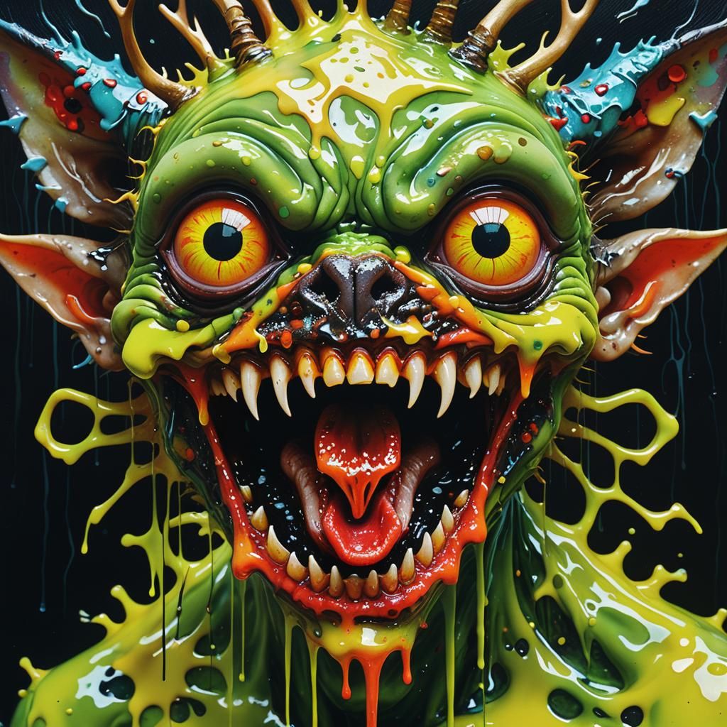 Grotesque surrealism. Close-up. Terrible ugly Gremlin with e...