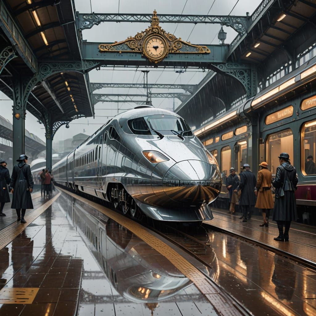 Futuristic Bullet Train Speeds Past Vintage Railway Station ...