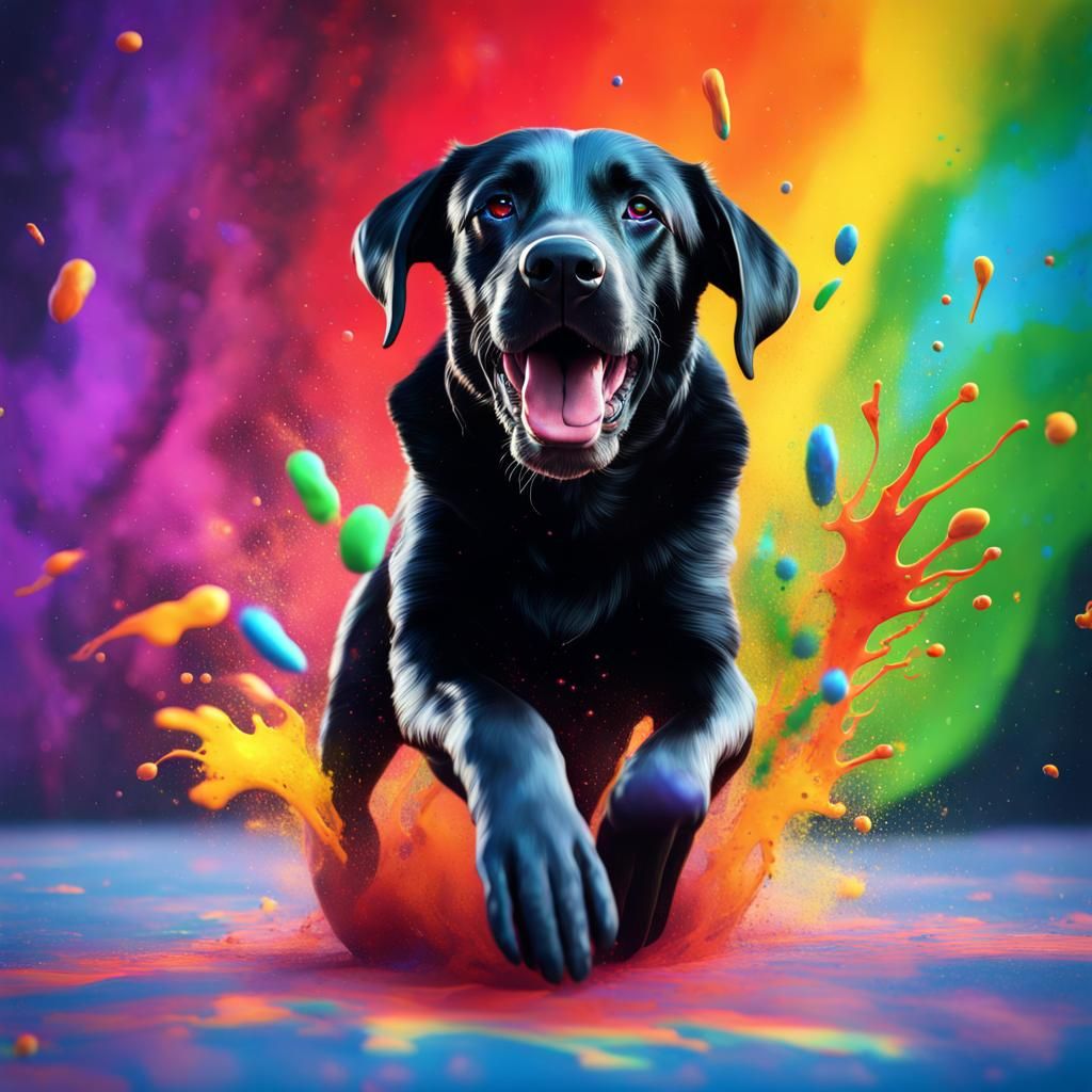 Labrador Soaring Through Space with Rainbow Splatter