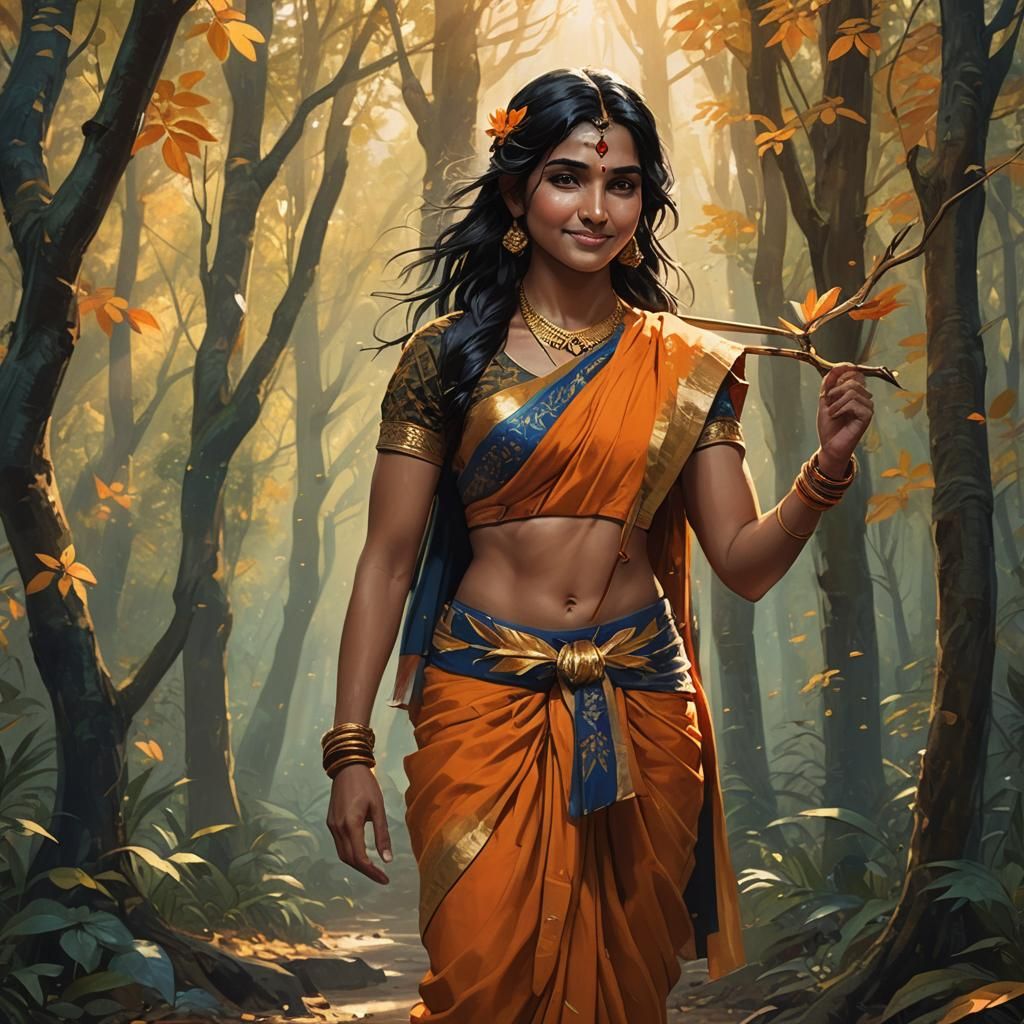 Indian Woman Warrior in Mystical Forest Concept Art