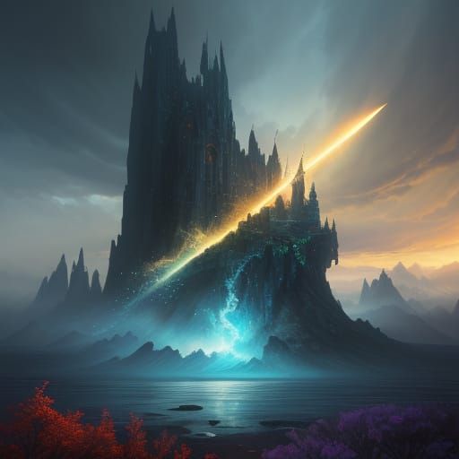 Epic Elemental Sword Illuminated in Vibrant Fantasy Landscap...