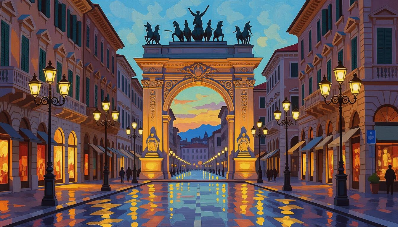 Trieste Street Arch in Gouache Impressionist Style