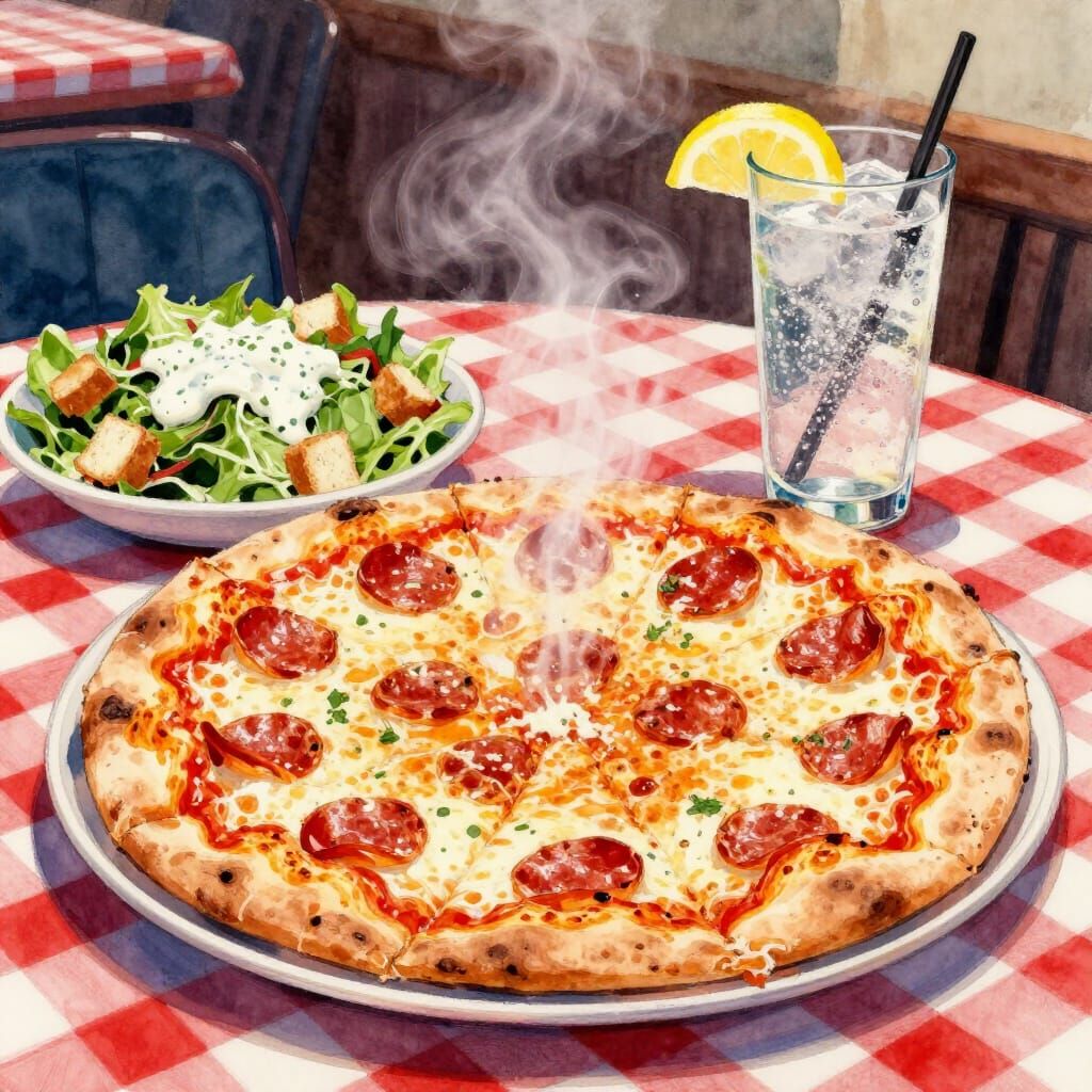Steaming Hot Pizza with Salad and Sparkling Water