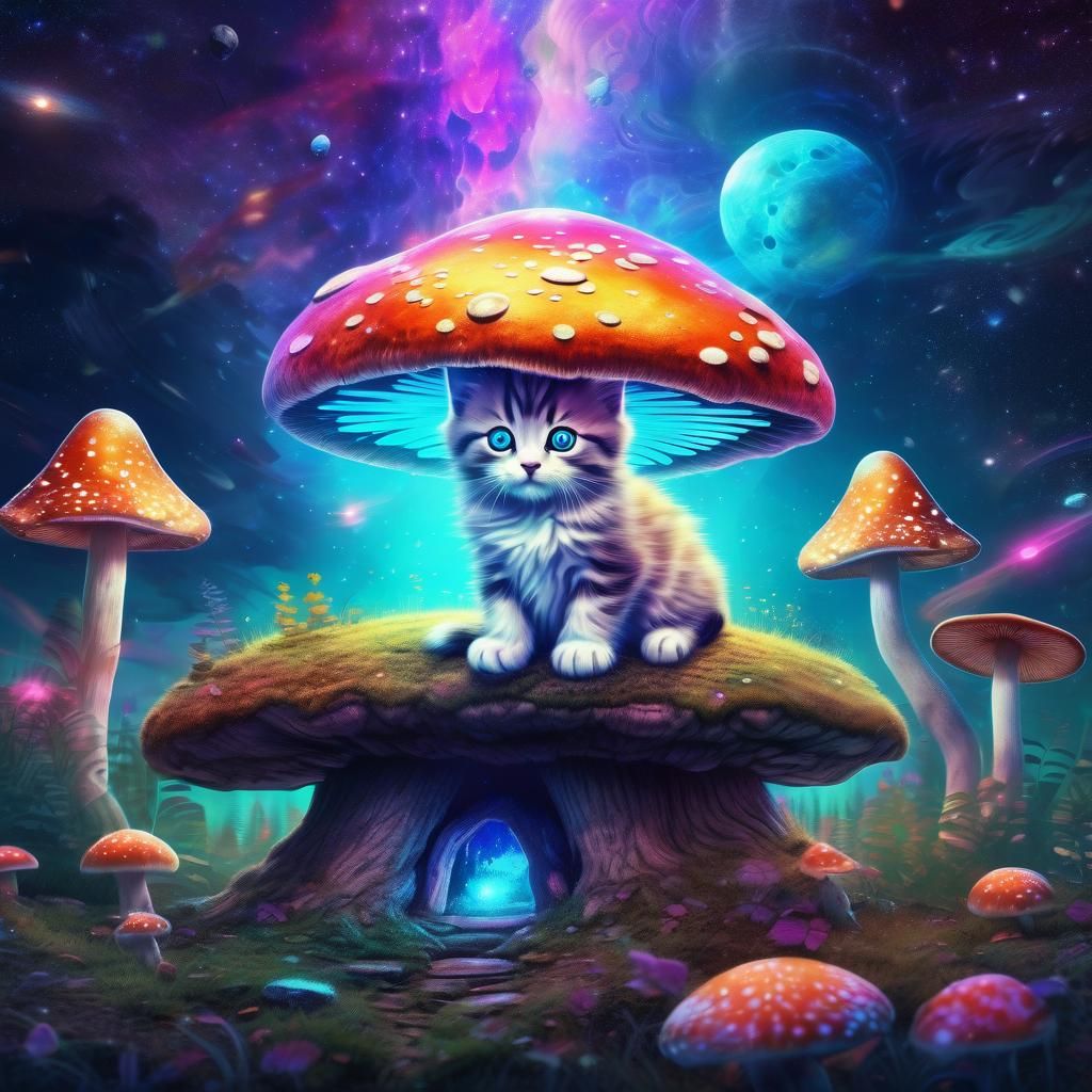 Kitten Under Mushroom: Holographic Astral Illustration