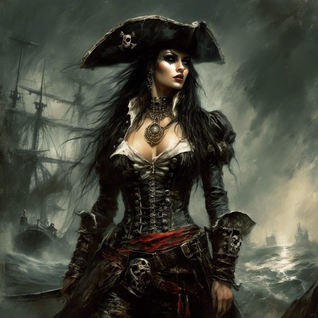 Dark Fantasy Pirate Queen in Macabre Style