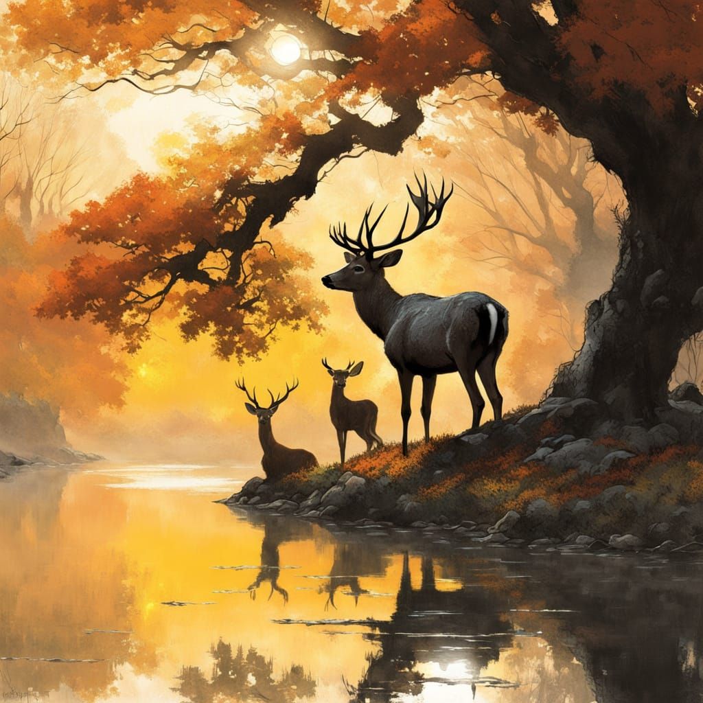 Autumn Oak Landscape with Deer and Misty Pond