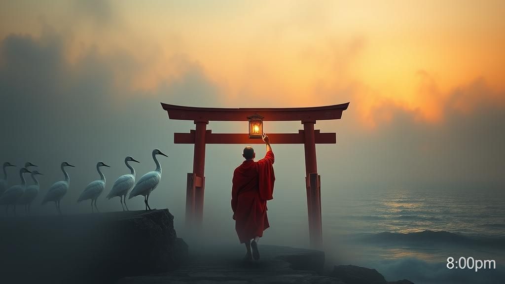 Crimson Torii Gate at Twilight: Surrealist Dreamscape