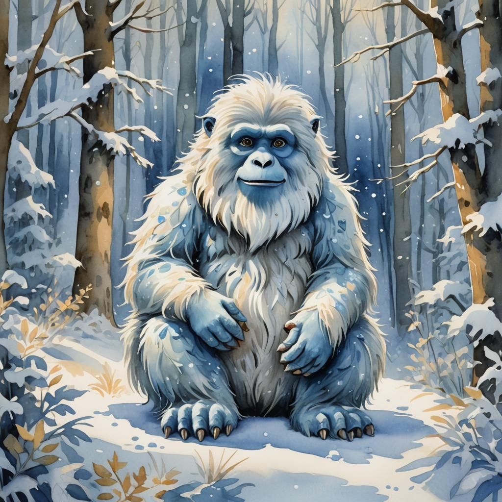 Friendly Yeti in Snowy Forest: Watercolor Illustration