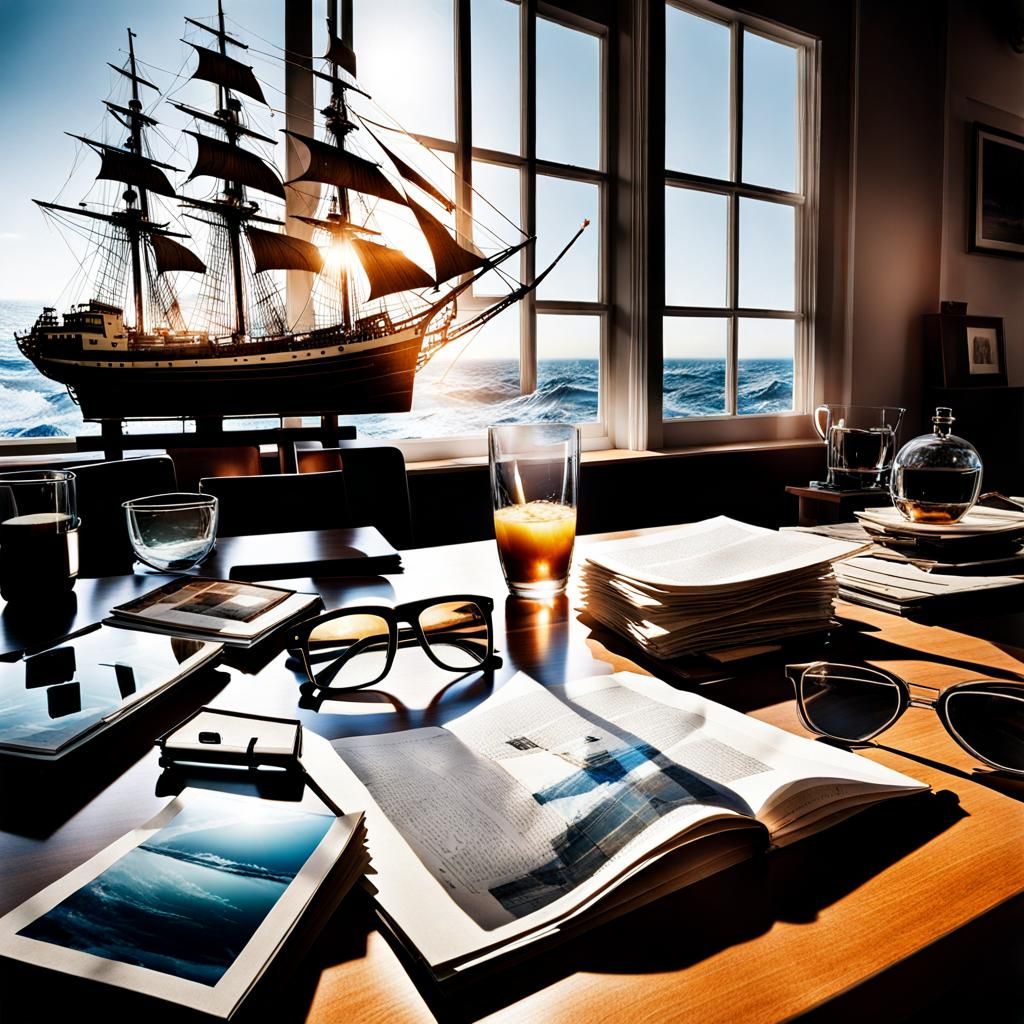 Sailing Ship Double Exposure on Table