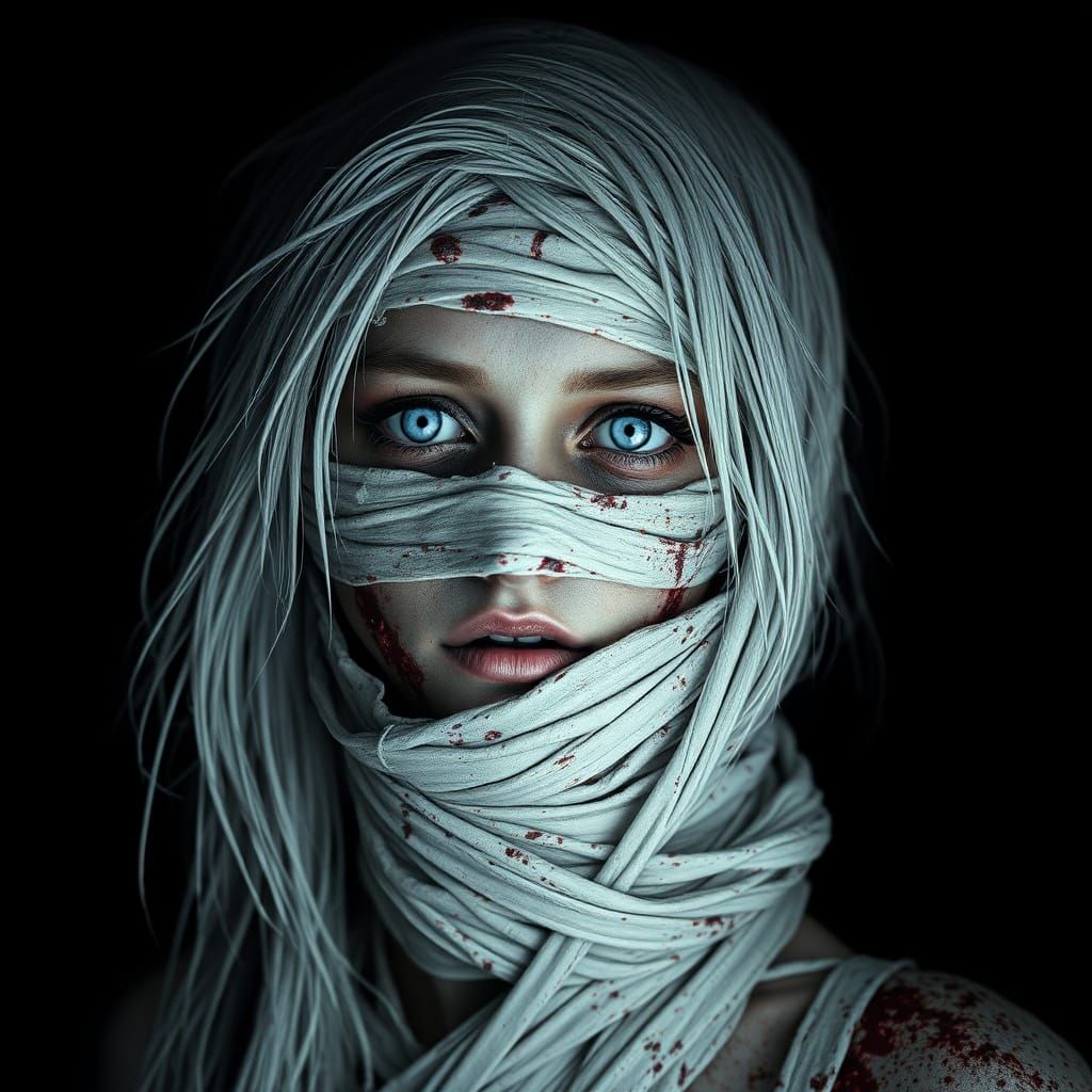 Ethereal Mummy Girl with Tattered Bandages and Glowing Eyes