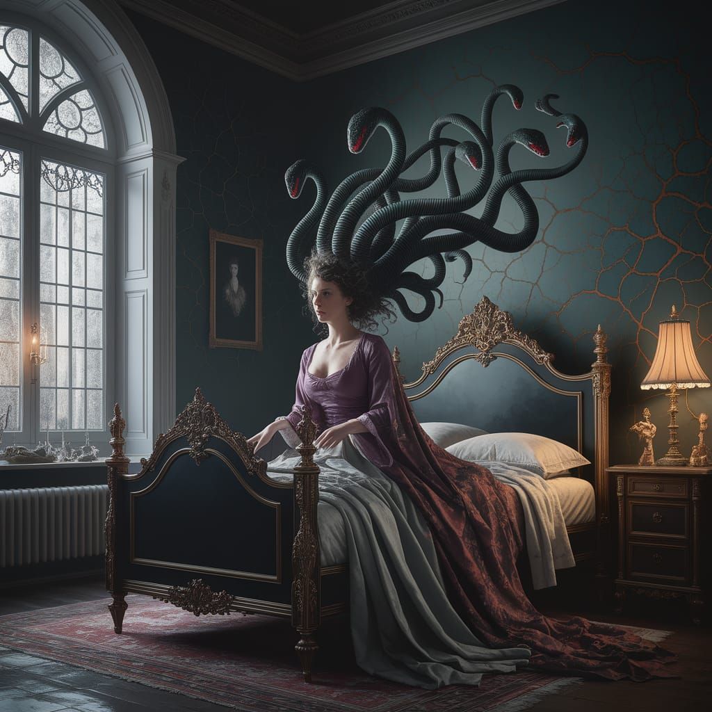 Gothic Horror Woman with Serpent Head in Dark Room