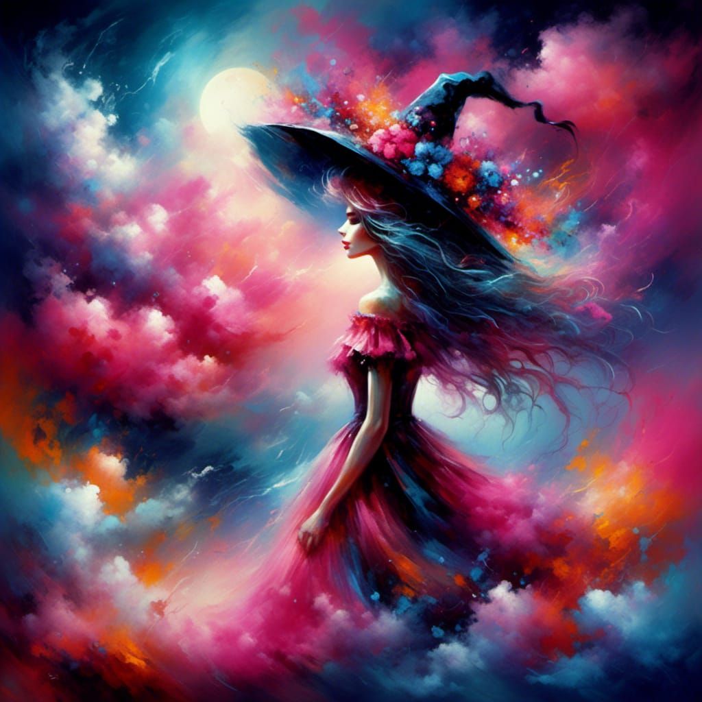Rainbow Witch in Clouds: Vibrant Oil Painting