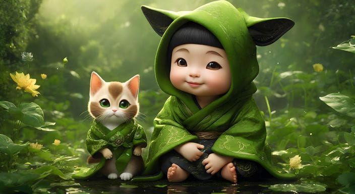 Fantasy Garden Scene with Elf and Kitty