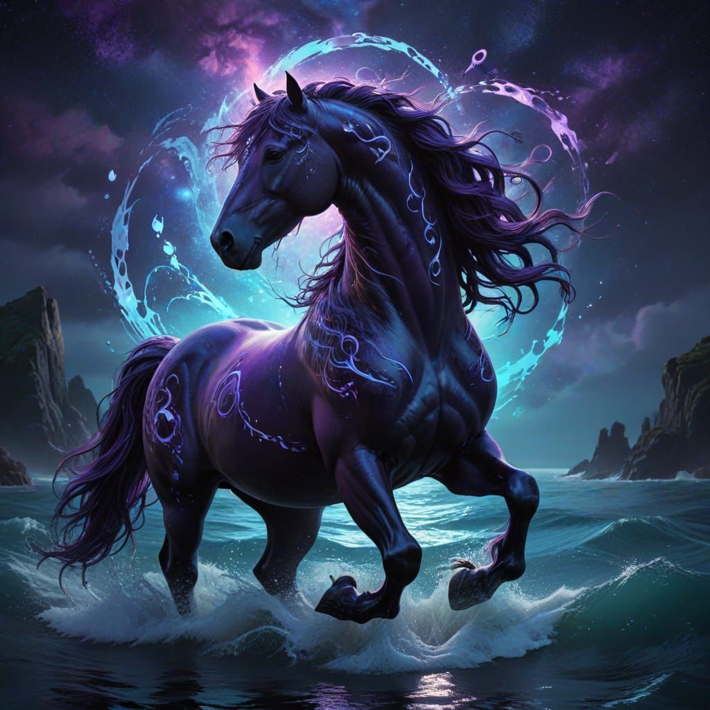 Ethereal Magic Horse Rises from Dark Fantasy Water Realm