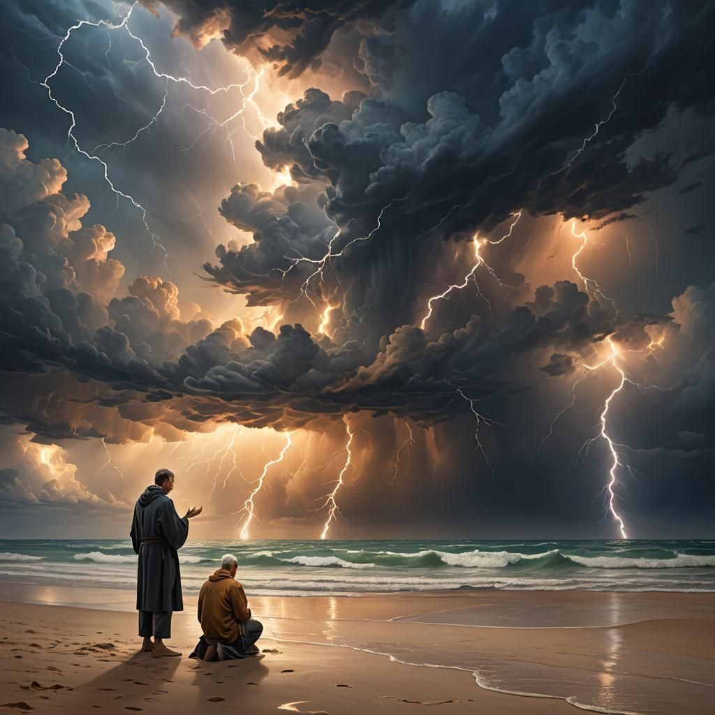 Hyperrealistic Stormy Beach Prayer in Oil Painting Style
