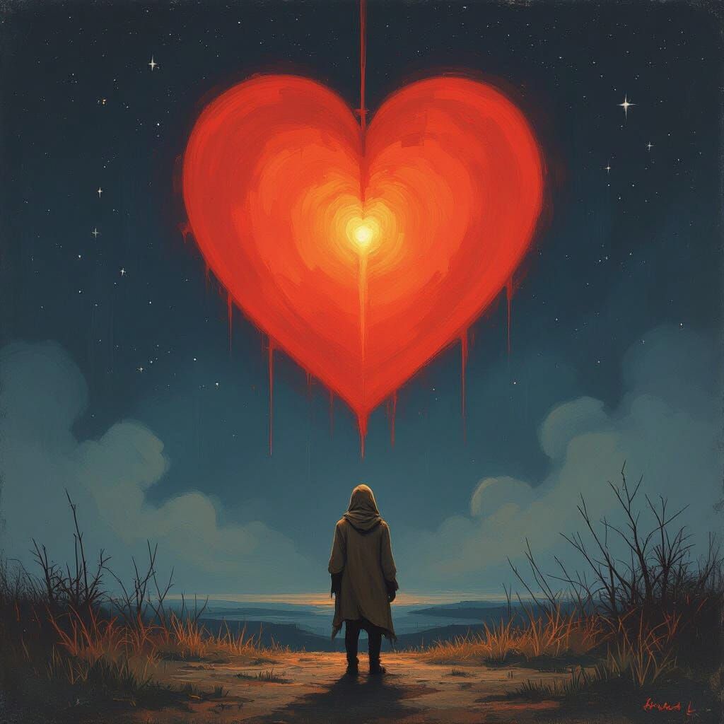 Lonely Figure Under a Colossal Heart: Expressive Art