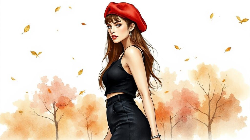 French Girl in Beret: Minimalist Fashion Sketch