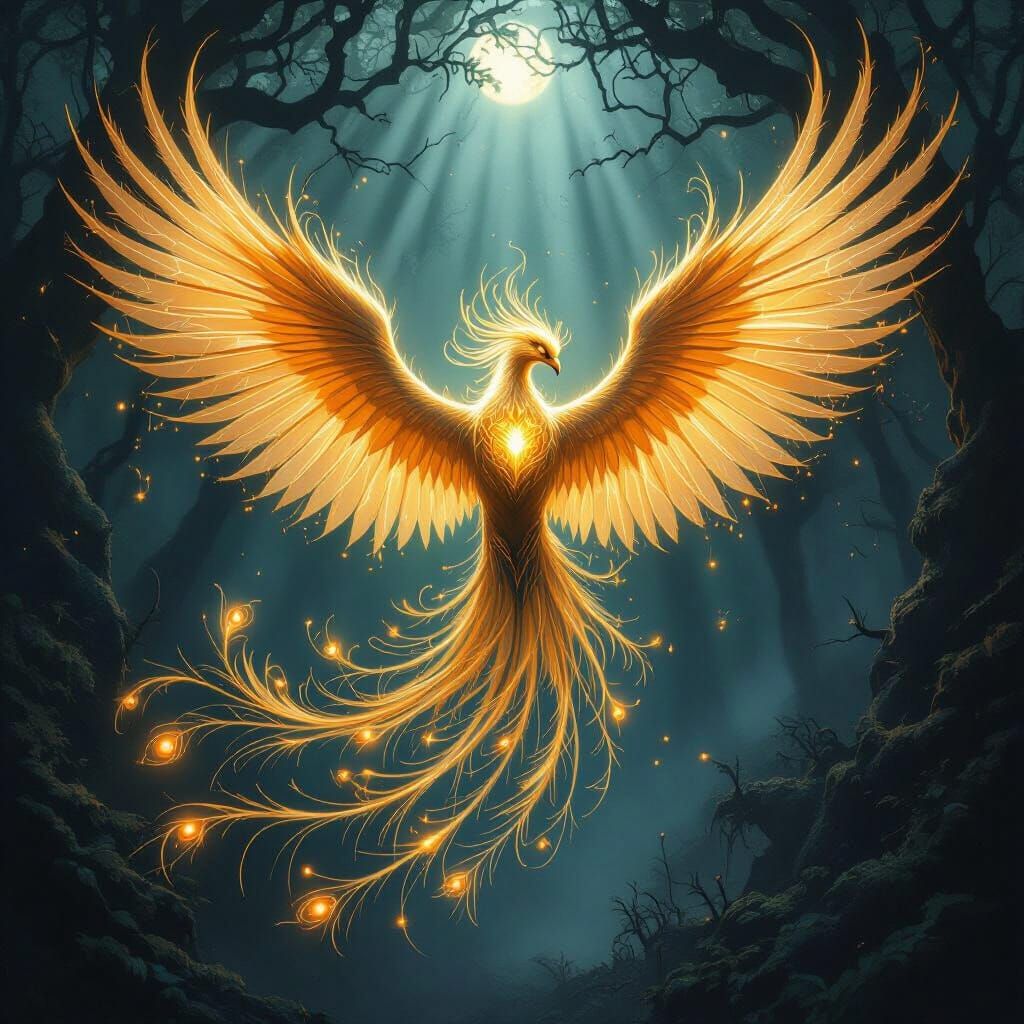 Phoenix Woven from Spider Silk in Ethereal Forest Glow