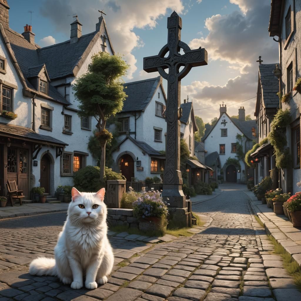 Ancient Irish Village Street with Celtic Cross