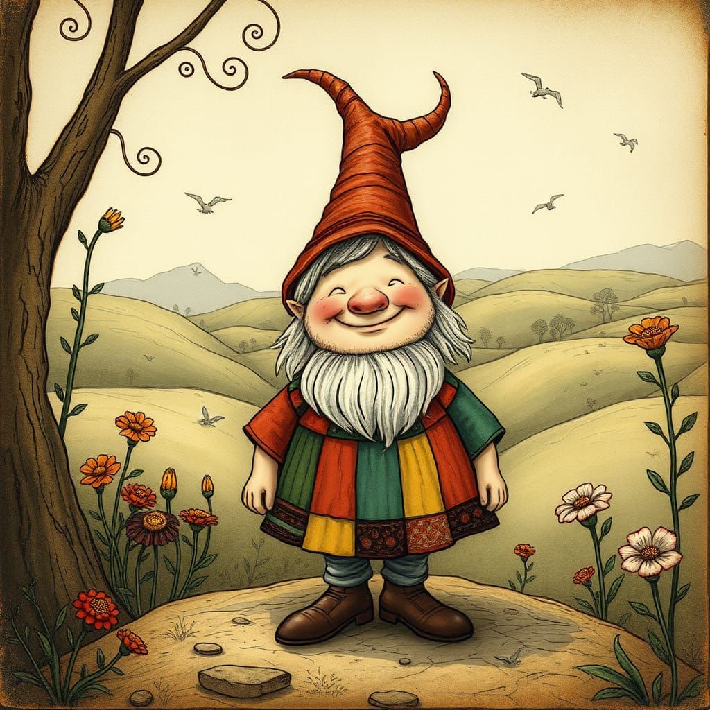 Whimsical Munchkin in Storybook Landscape Illustration