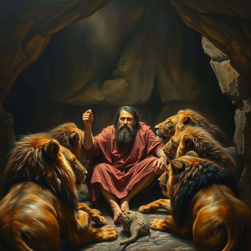 Daniel in the Lion's Den: Earthy Tone Oil Painting