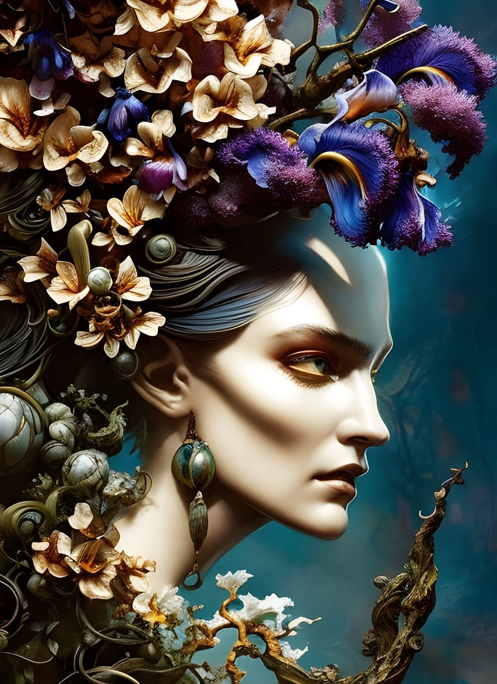 Magic Oak Tree with Irises and Jasmine Flowers