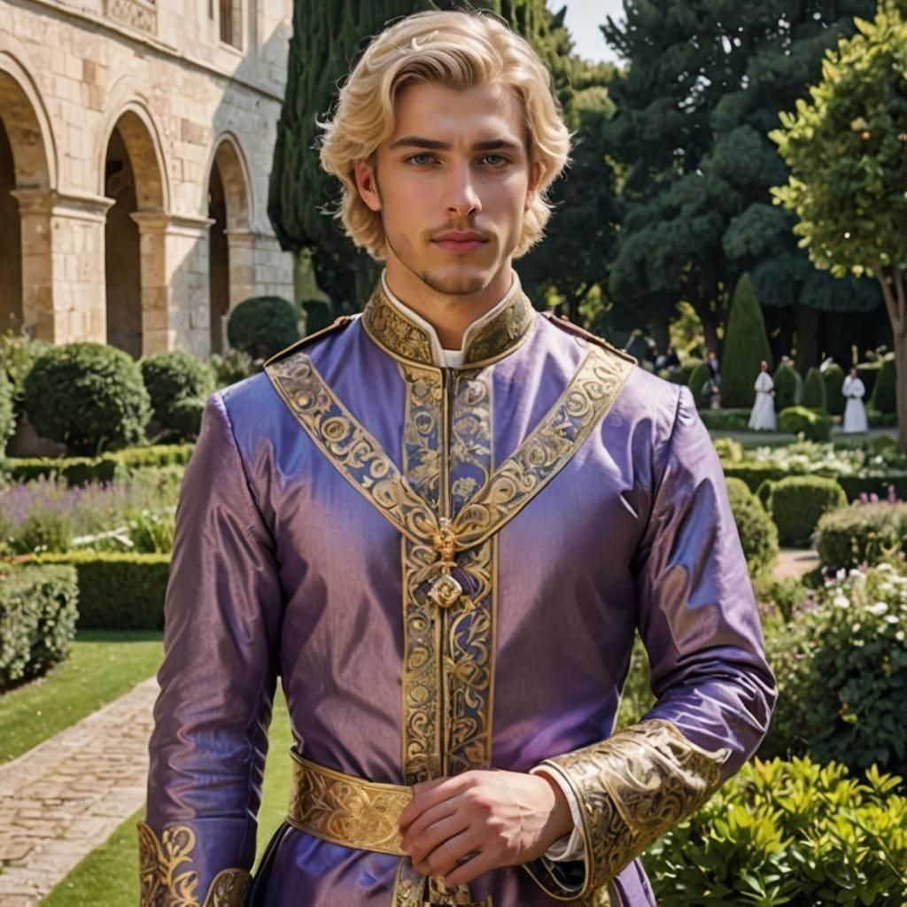 Handsome Byzantine Prince with Purple Eyes in Garden
