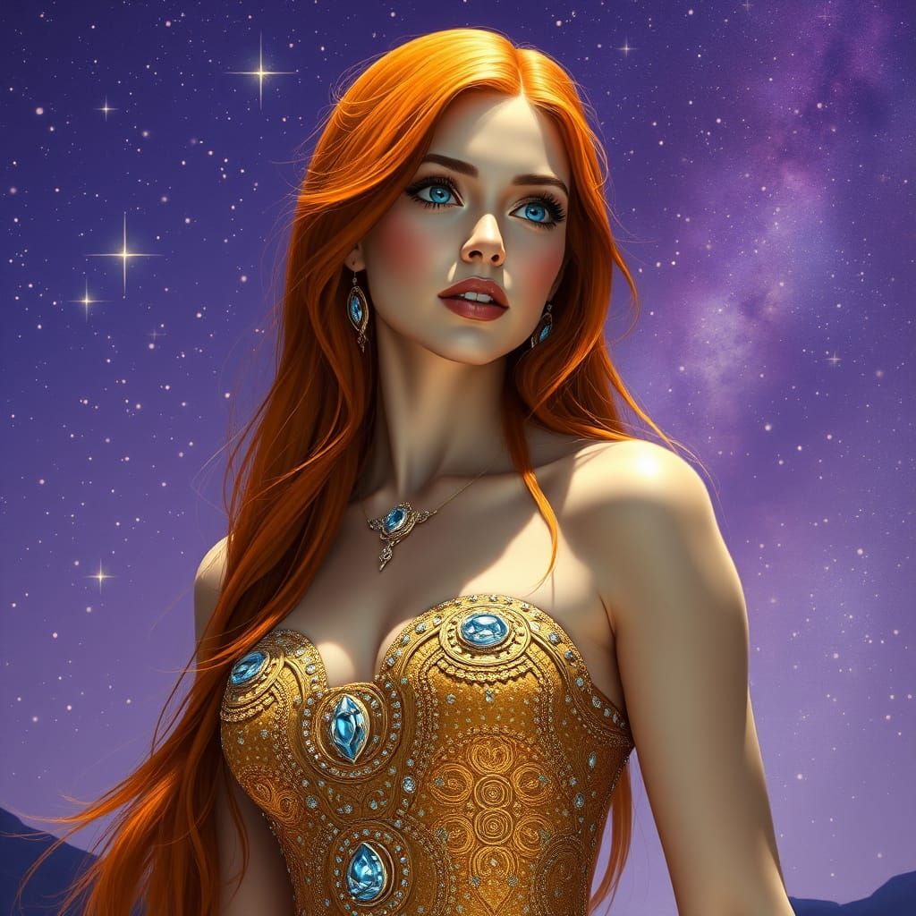 Ethereal Woman in Jeweled Dress Under Starry Sky