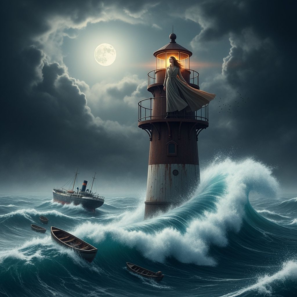 Lighthouse Watcher Facing Tsunami in Dramatic Lighting